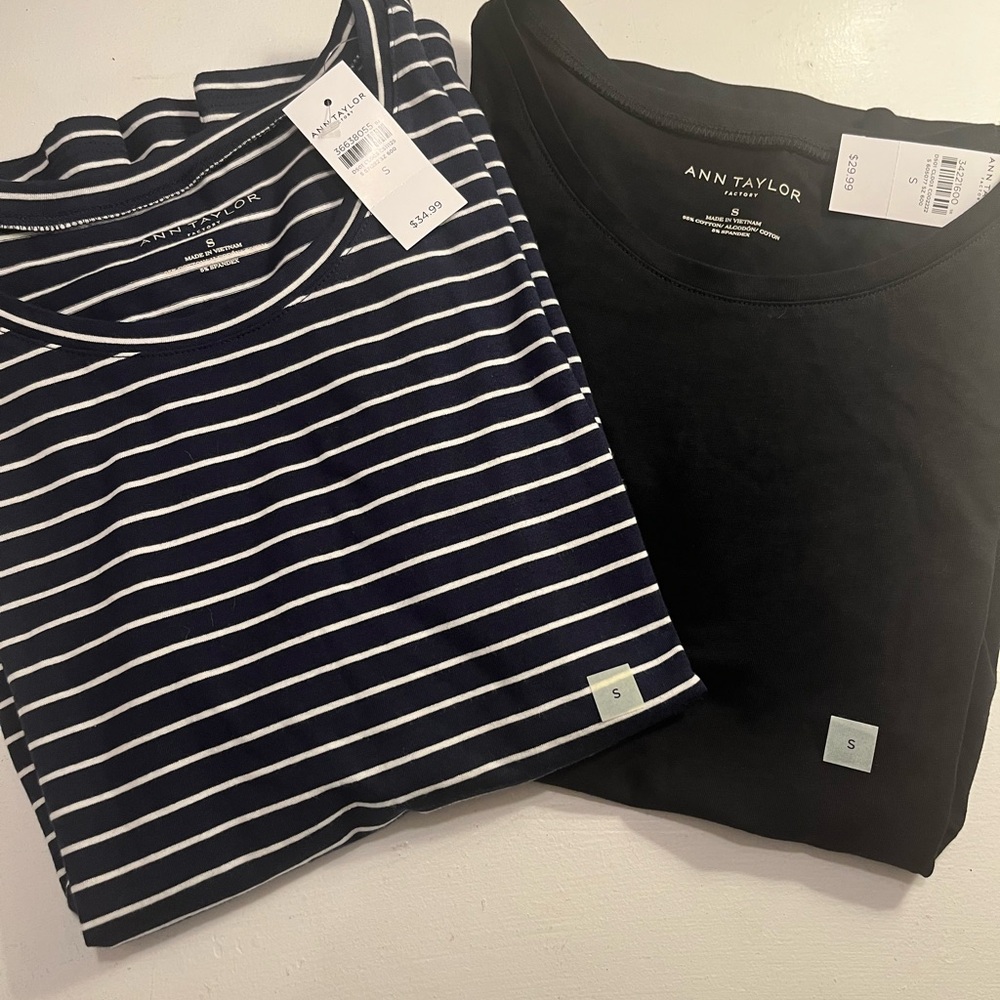 2 Ann Taylor Small Tops - Navy and White Striped and Black